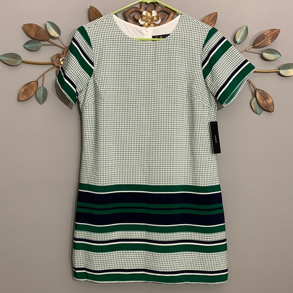 Lulus Green White Check Short Sleeve Shift Dress Size Small NWT